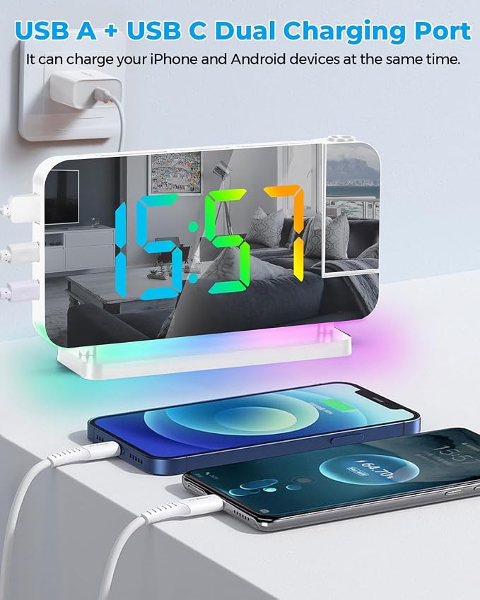 SZELAM Projection Alarm Clock,7.4" LED Mirror Digital Clocks Large Display,with 180° Rotatable Projector,RGB Night Light,USB C Port,Auto Dimming,Modern Desk Clock for Bedroom Decor - White - Image 6
