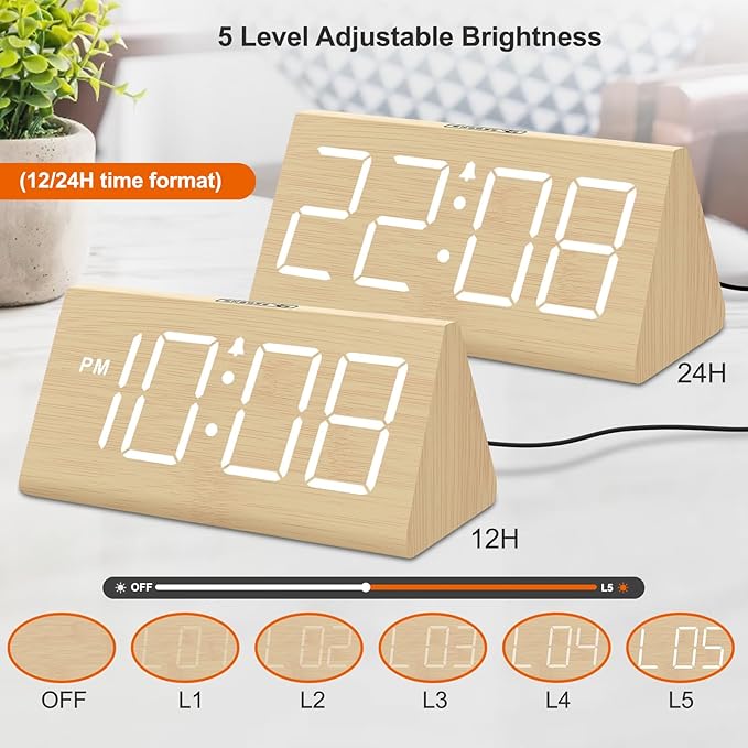 DreamSky Wooden Digital Alarm Clocks for Bedrooms - Electric Desk Clock with Large Numbers, USB Port, Loud Alarm for Heavy Sleepers, Adjustable Volume, Dimmer, Snooze, DST, Wood D??cor, Adapter Powered