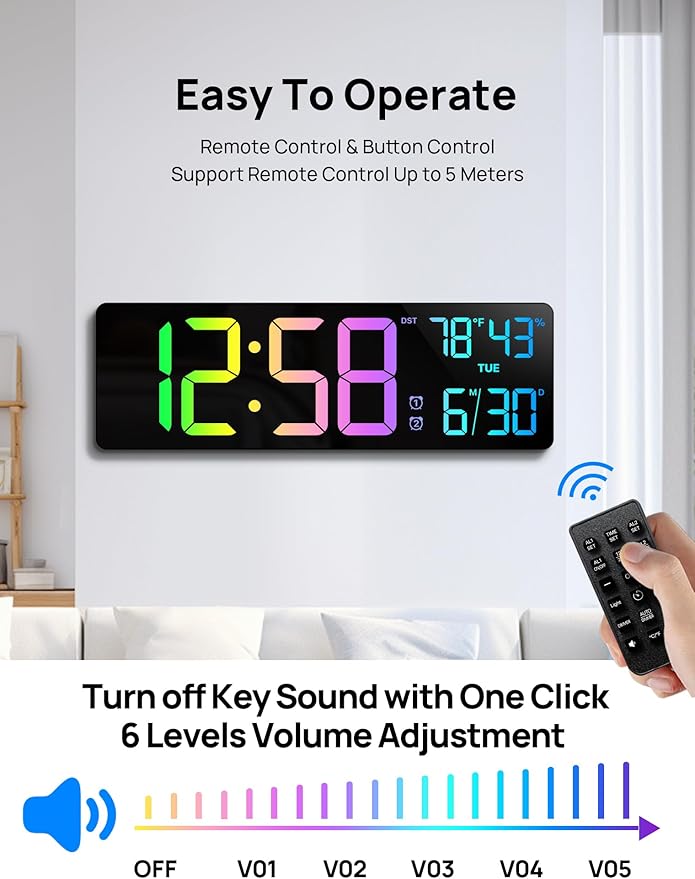 18.5" Large Digital Wall Clock with Remote Control, Big LED Display Digital Clocks with Night Light, Alarm, Countdown, DST, Temp, Date for Parlor, Bedroom, Office, Gifts for Seniors(Black)