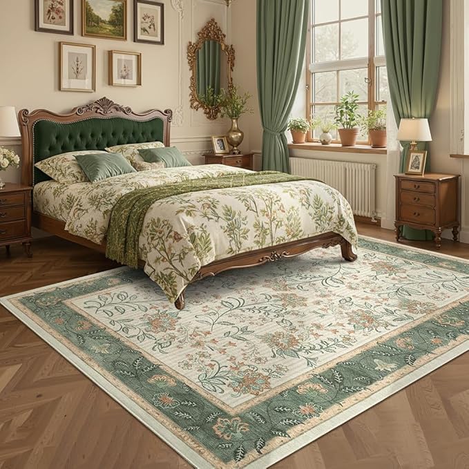 GarveeHome Large Area Rugs 10x13 for Living Room, Sage Green Washable Rug Soft Non Slip Floor Mat Carpet Indoor Botanical Floral Rug for Bedroom Dining Room Playroom Nursery Home Decor