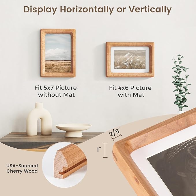 Fun Memories 5x7 Picture Frame, USA-Sourced Cherry Wood Photo Frames with HD Tempered Glass, Handcrafted Rounded Corner 5 x 7 Wooden Frames Matted to 4x6 Photos, 5x7 Frame, Tabletop or Wall Display