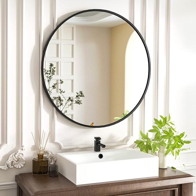 HARRITPURE Round Mirror 15.7" Black Wall Mounted Circle Mirror with Aluminum Alloy Frame Modern Design for Bathroom, Living Room, Vanity, Bedroom, Entryway