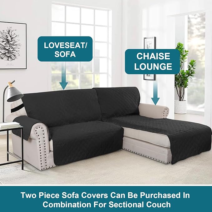 Turquoize 100% Waterproof Sofa Covers Chaise Lounge L Shape Sofa Protector Slip Cover Triple Non-Slip Sofa Slipcover for Chaise Sectional Couch Cover for Pets, Kids (Chaise, Black)