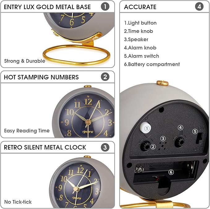 Metal Desk Alarm Clock, Retro Bedroom Table Vintage Analog Alarm Clock, Silent Non-Ticking Gold Clock, Bedside D??cor(Sinor Gray)