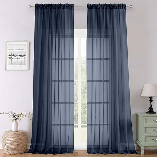 Lecloud Navy Blue Sheer Curtains 120 Inches Long 2 Pcs, Solid Voile Light Filtering Rod Pockets Window Curtains for Bedroom, Modern Farmhouse Decor Drapes for Living Room, Each Panel 59" W x 120" L