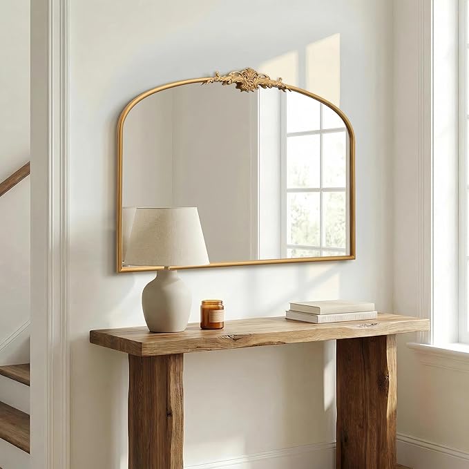 Besdomus Antique Arched Gold Mirror: 40"x29" French Large Vintage Vanity Wall Mounted Mirror - Baroque Decorative Traditional Ornate for Bedroom/Bathroom/Fireplace/Entryway - Home Decor for Homemakers