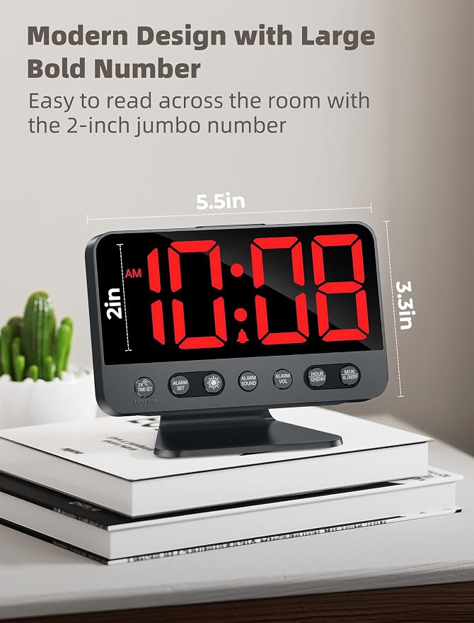 Odokee Digital Alarm Clocks for Bedrooms with Large Bold Number | Electric Desk Clock with Night Light & Brightness Dimmer - Loud Alarm for Heavy Sleepers with Adjustable Volume - Red - Image 2