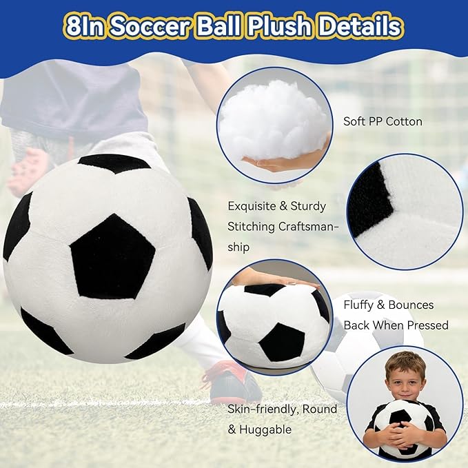 Fluffy Soccer Pillow - 8" Orbicular Durable Soccer Ball Plush, Soft Stuffed Soccer Decorative Pillows for Couch & Bedroom, Sports Gift for Soccer Enthusiasts