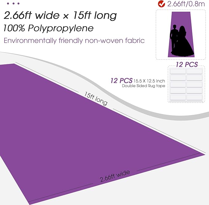 Purple Carpet Runner for Party,140GSM 2.62FTx15FT Carpet Party Decorations,Purple Runway Rug for Prom Felt Non-Woven Fabric,Runner for Wedding Ceremony