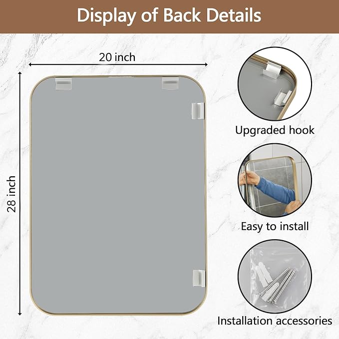Gold Mirror, 20x28 Inch Framed Rectangle Mirror with Rounded Corner, Brushed Brass Mirror, Gold Bathroom Mirror for Over Sink, Vanity, Living Room, Bedroom, Horizontal/Vertical