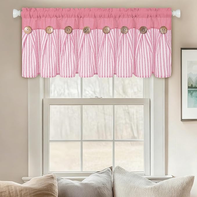ASPMIZ Farmhouse Cotton Linen Valances for Windows, Boho Kitchen Curtains Valances with Rustic Button, Pink Striped Window Treatments Curtain Valance for Bathroom Cafe, 52 x 18 Inch, 1 Pannel