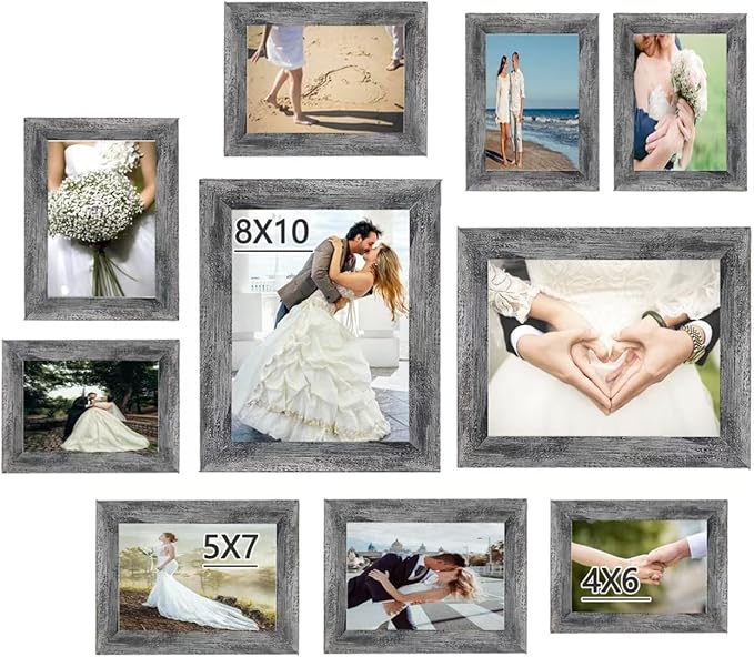 10 pack Picture Frame Set with Two 8x10,Four 5x7,Four 4x6, Rustic Collage Gallery Wall Frame, Farmhouse wood Photo Frames for living room Wall Gallery Decor or Desk,Rustic Black