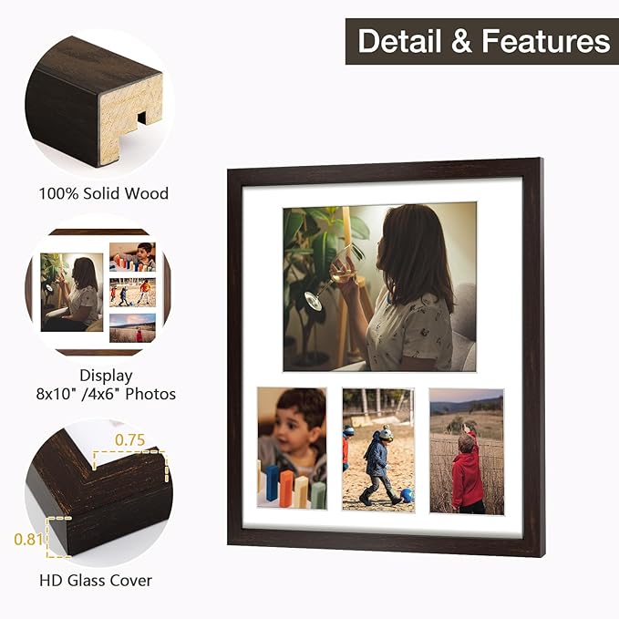 14x16 Dark Brown Wood Picture Frame - White Mat for 8x10 and 4x6 Photos - Real Glass, Sawtooth Hanger, Swivel Tabs - Wall Mounting - Great for Posters, Weddings, and Engagements