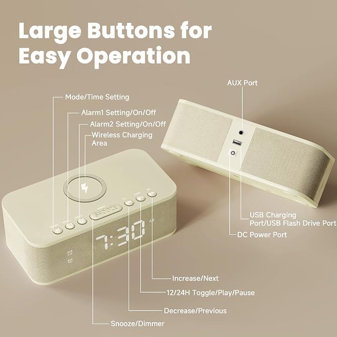 Digital Alarm Clock White Noise, Loud Digital Alarm Clocks Bedrooms, Alarm Clock Speaker Wireless Charger AUX USB Bluetooth Speaker 12/24H Dual Alarm Snooze Adjustable Brightness, Cream - Image 8