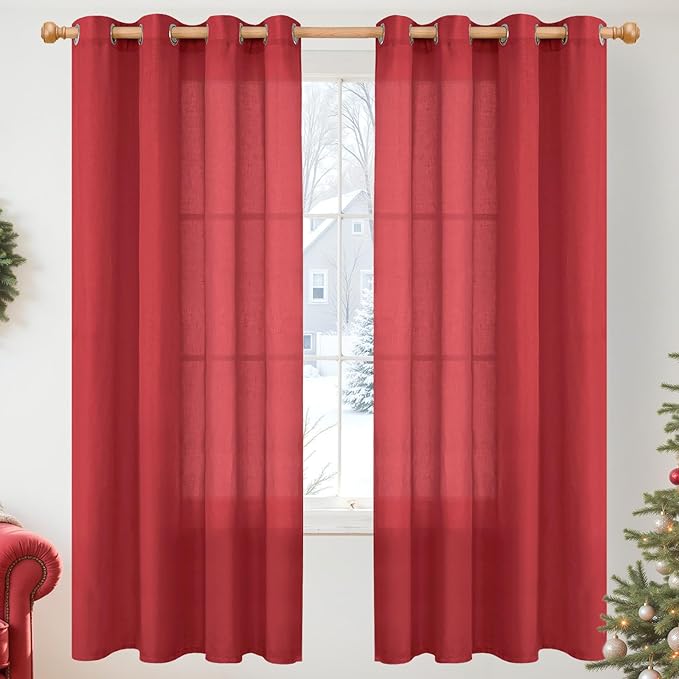 YoungsTex Red Linen Semi Sheer Curtains 72 Inch Length for Living Room, Light Filtering Window Drapes with Grommet Privacy for Dining Bedroom, 2 Panels, 52 X 72 Inch