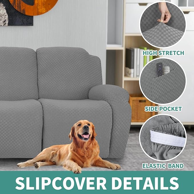 YEMYHOM 4 Pieces Oversized Stretch Recliner Slipcover Latest Jacquard Large Recliner Chair Cover with Side Pocket Anti-Slip Furniture Protector with Elastic Bottom (X-Large Recliner, Light Gray)