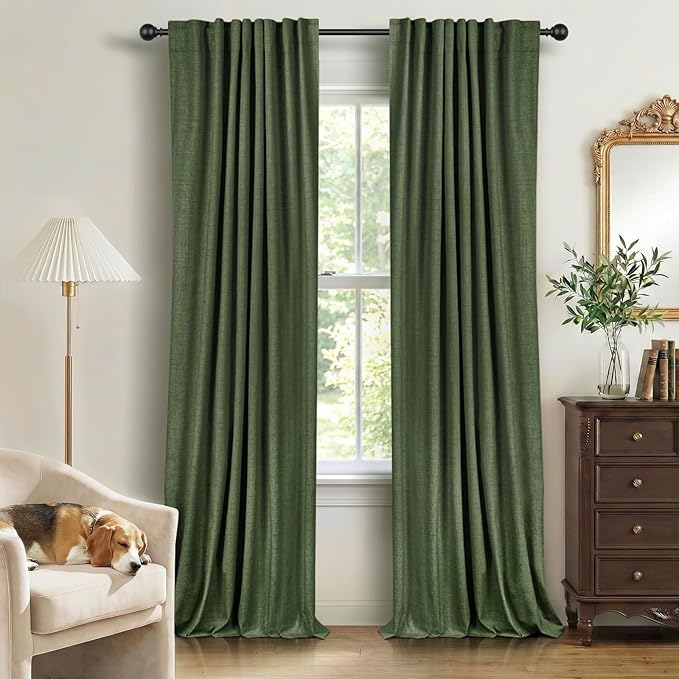 100% Blackout Shield Linen Blackout Curtains for Bedroom 96 Inches Long, Back Tab/Rod Pocket Living Room Drapes, Thermal Insulated Blackout Curtains 2 Panels Set, 50" W x 96" L, Moss Green