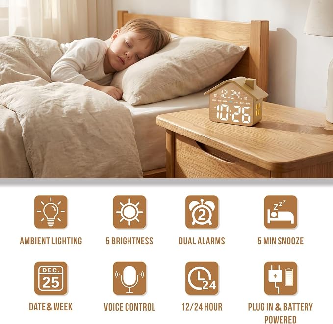 Plumeet Wooden Digital Alarm Clock, Bedroom Clock with Large Numbers, Date, Week, Dual Alarms, Dimmer and Ambient Light, House-Shaped Electric Bedside Desk Clock, Adapter Batteries Powered - Image 2