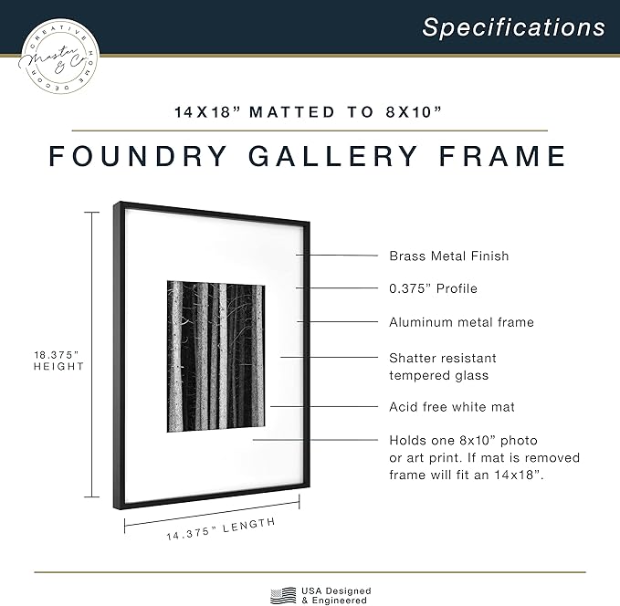 MCS Master & Co. Foundry Metal 14x18 Matted Picture Frame with 8x10 Photo Display, Black Vertical & Horizontal Wall Hanging Frame for Photos & Artwork (1-Pack)