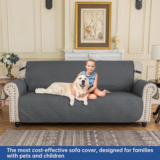 XINEAGE Quilted Sofa Cover Waterproof Couch Covers for 3 Cushion Couch, Super Soft Washable Slipcover with Pockets & Non-Slip Elastic Straps, Thick Furniture Protector (Sofa, Dark Grey)