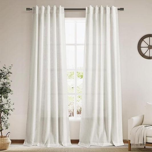 Cream Linen Curtains Back Tab Sheer Curtains 90 Inches Long for Living Room 2 Panels Rod Pocket Neutral Semi Sheer Light Filtering Pleated Curtain Drapes Ivory Farmhouse Dining Room Curtain 40x90