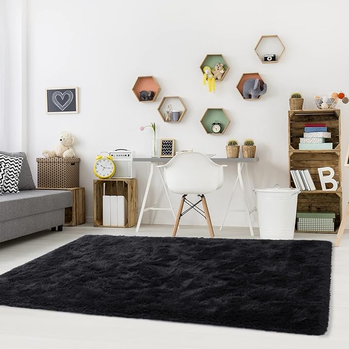 Noahas Large Fluffy Black 7x10 Area Rugs for Living Room Bedroom,Thick Shag Throw Rug,Big Soft Shaggy Bedside Non-Slip Plush Dorm Nursery Kids Carpet