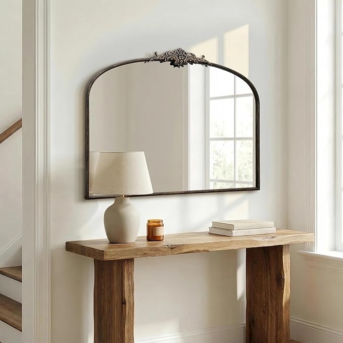 Besdomus Vintage Arched Black Mirror: 40"x29" French Large Arch Antique Wall Mounted Mirror - Baroque Traditional Ornate for Entryway/Living Room/Fireplace/Bathroom- Home Decor for Interior Designers