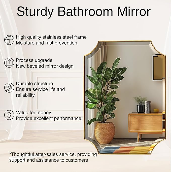 POZINO Rectangle Beveled Mirror, 24"x40" Brushed Gold Bathroom Vanity Mirrors with Stainless Steel Frame, Modern Aesthetic Wall Mirror for Hallway Entryway Living Room, Horizontal or Vertical Hanging