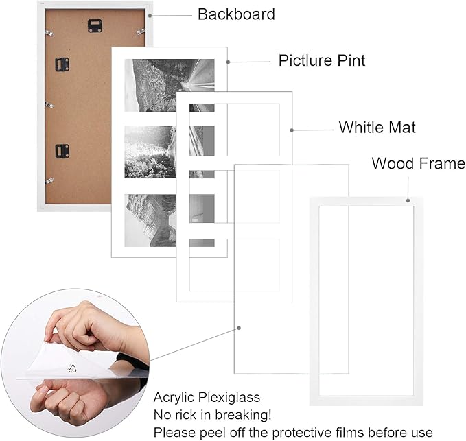 Egofine 8x16 Collage Picture Frame Set of 2, Display Multiple Three 5 x 7 Pictures with Mat or 8x16 Without Mat - Made of Solid Wood with Plexiglass - Horizontal and Vertical Formats for Wall, White