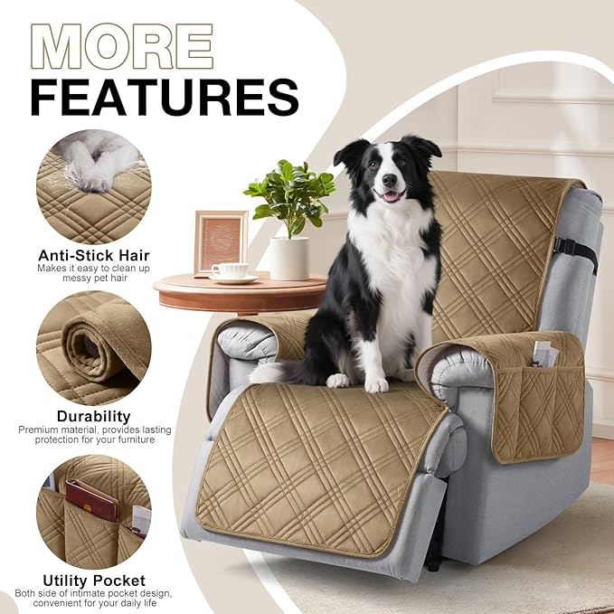 TAOCOCO 100% Waterproof Recliner Chair Cover, Recliner Covers for Recliner Chair with Pocket, Non Slip Reclining Chair Cover Furniture Protector for Kids, Pets(30'', Khaki-Velvet)
