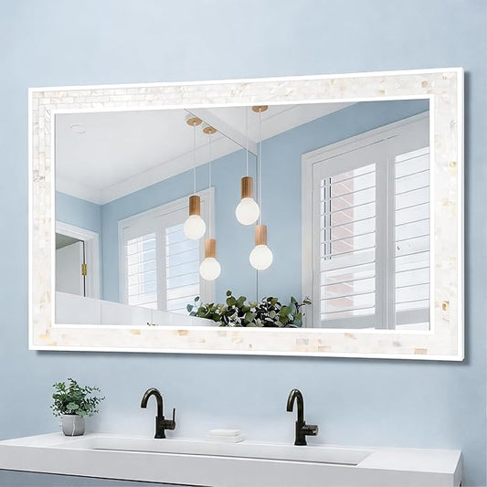 Tanmicoshomy 24 x 47 Inch White Rectangle Wall Mirror, Natual Shell Framed Rectangle Bathroom Mirrors with Tempered Glass for Bedroom Living Room or Entryway, Horizontal or Vertical Hanging