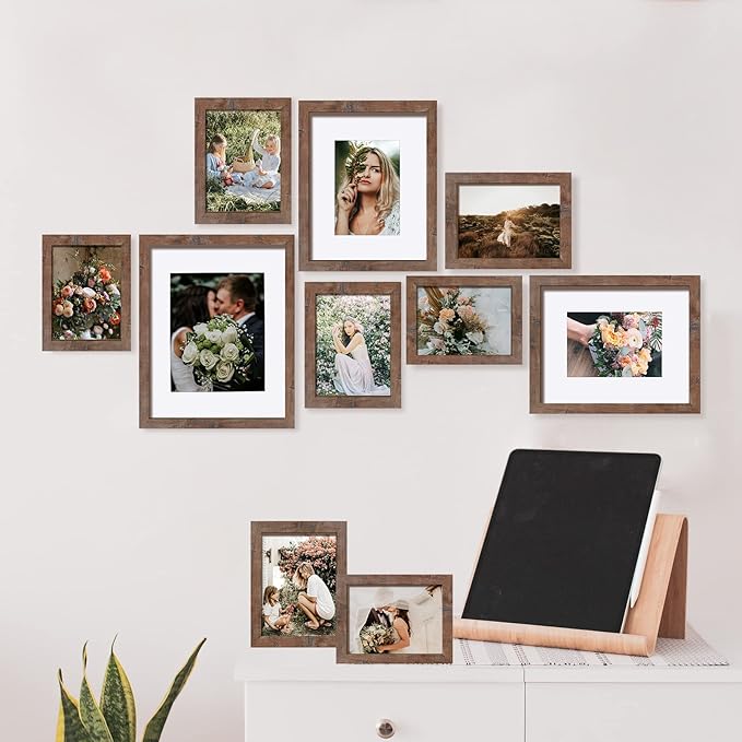 SESEAT Picture Frames Collage, Gallery Wall Frame Set with 11x14 8x10 5x7 4x6 Frames in Brown Finishes, Set of 10