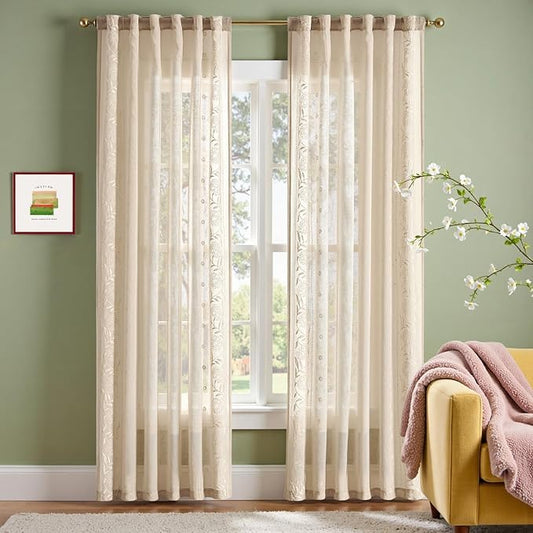 jinchan Winslow Beige Sheer Curtains 84 Inch for Bedroom Living Room Embroidered Bordered Floral Nursery Curtains for Playroom Dorm Light Filtering, Ivory on Beige, 2 Panels, 50W x 84L