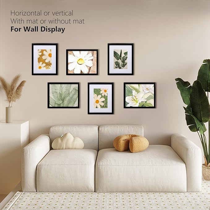 KINLINK 8x10 Picture Frame Black Set of 6, Wooden Photo Frames Matted 5x7 with Plexiglass for 5x7 with Mat or 8x10 without Mat for Table and Wall Display