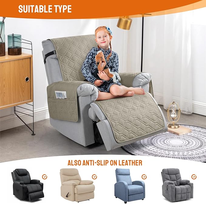 VANSOFY 100% Waterproof Recliner Chair Covers, Recliner Cover Non-Slip Dog Chair Cover Furniture Protector Washable Slipcover with Pocket, Elastic Straps for Pets, Dogs(Khaki, 20")