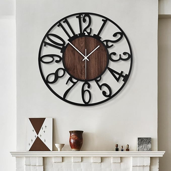 LEIKE Large Wall Clocks,Silent,Non Ticking,Battery Operated Rustic Round Modern Big Wood Wall Clock for Living Room, Bedroom,Kitchen,Farmhouse,Office,Home Decor-16 Inch(Black-Arabic Number)