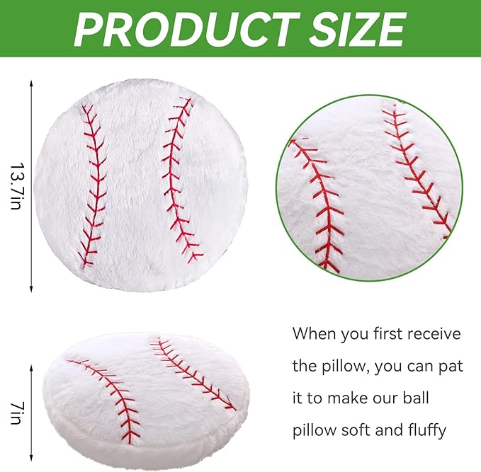 Baseball Pillow, 2 Pcs Baseball Plush Pillow, Soft Fluffy Stuffed Sports Throw Pillows, Home Decor Cushion, Round Baseball Pillows, Sports Gifts for Room Decoration 15.8"