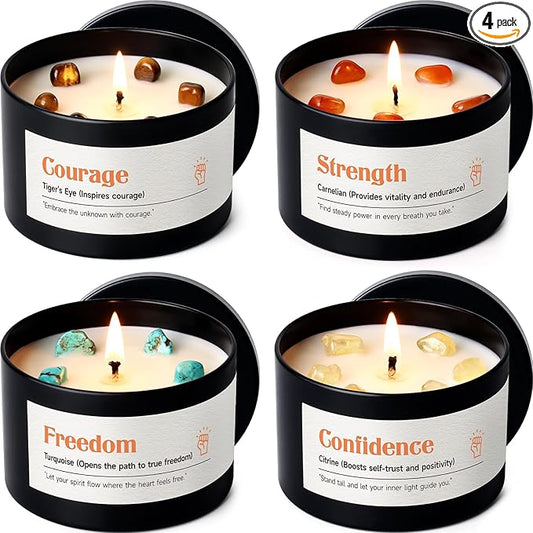 AOOVOO Crystal Empower Candles Set for Women - 4 Pack 26 oz Soy Wax Candles for Home Scented, 200 Hour Long Lasting Candle, Freedom Turquoise/Confidence Citrine/Strength Carnelian/Courage Tiger's Eye