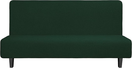Easy-Going Stretch Futon Slipcover Armless Futon Bed Cover Furniture Protector Without Armrests with Elastic Bottom for Kids, Soft Jacquard Fabric Small Checks (Large, Dark Green)