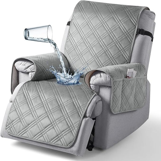 TAOCOCO 100% Waterproof Recliner Chair Cover, Recliner Covers for Recliner Chair with Pocket, Non Slip Reclining Chair Cover Furniture Protector for Kids, Pets(23.6'', Light Grey-Velvet)