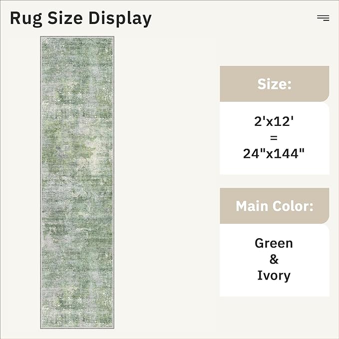 Soalmost Runner Rug 2x12 Washable Non-Slip Hallway Runner Rugs for Kitchen Bathroom Laundry Room Green/Ivory Vintage Floor Carpet Runners for Hallways Entryway