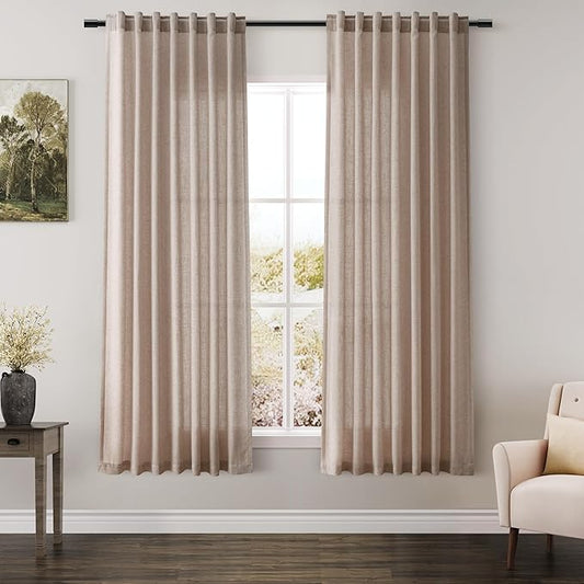 Nanspring Oatmeal Linen Curtains 63 Inches Length 2 Panels Set for Living Room Back Tab Pocket Light Filtering Semi Sheer Drapes Modern Farmhouse Boho Cotton Linen Textured Window Curtain 52X63