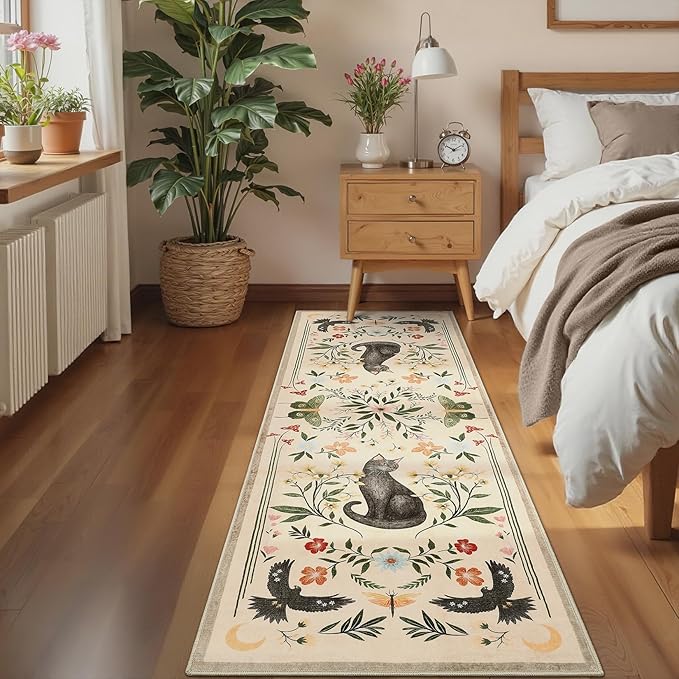 GarveeHome 2.5x8 Cat Washable Runner Rug for Hallway, Soft Beige Long Kitchen Runner Non Slip Mushroom Insect Entryway Rug Floral Laundry Mat Stain Resistant Carpet for Bathroom Beside Rug