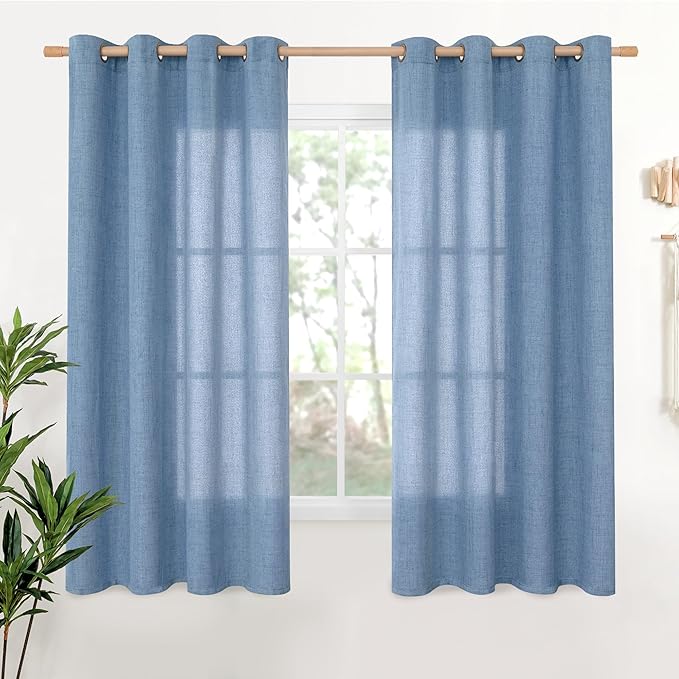 YoungsTex Blue Linen Curtains 68 Inch Length for Living Room Window, Semi Sheer Light Filtering Drapes with Bronze Grommet Privacy for Dining Bedroom, 52 x 68 Inch, 2 Panels