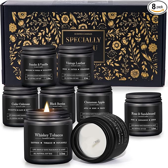 8 Pack Scented Candles for Men, Masculine Candle Gift Set with Smoky & Woody Scents, Soy Wax Aromatherapy Candles for Home, Birthday Gift for Him, Boyfriend, Spring Candles