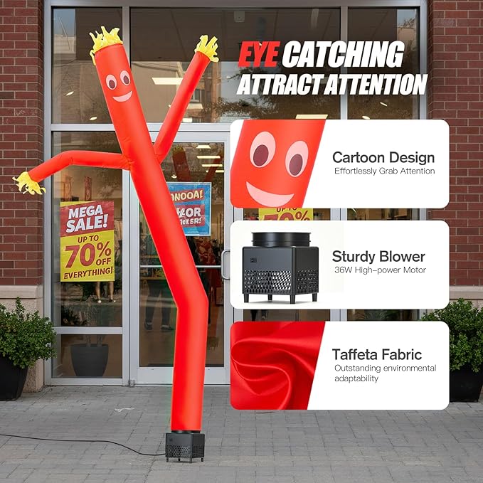 6ft Red Air Tube Dancer Inflatable Waving Tube Man with Lights & Built-in Blower - Wacky Waving Dancing Guy Set for Business Promotion