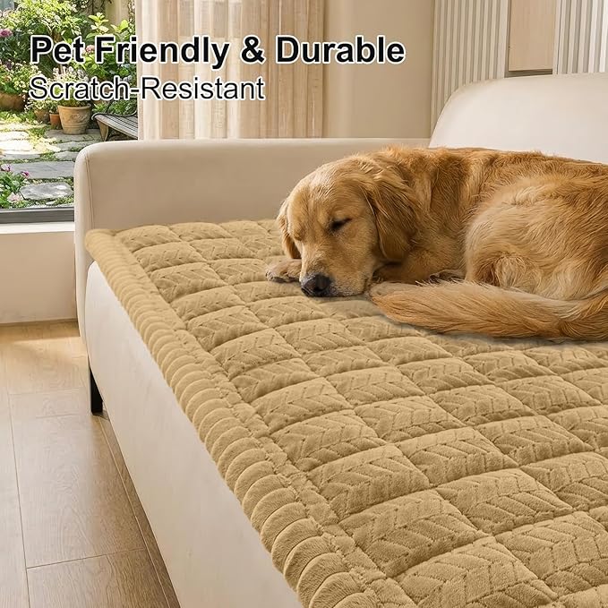 Smiry Non Slip Couch Covers for Dogs, Fuzzy Pet Couch Covers for 3 Cushion Sofa Pet Friendly, Soft Sofa Slipcovers Cushion Furniture Protector Washable (Camel, 27.6" x 88")