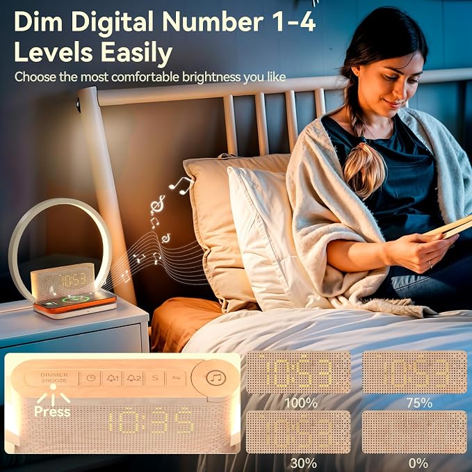 Vivilumens Sunrise Alarm Clock Wireless Charger, 10 White Noise Sound Machine Alarm Clock with 30/60/90 Mins Timer, 3 Levels Touch Night Light Dual Clocks for Heavy Sleeper Bedroom Decor Gift for Her - Image 6