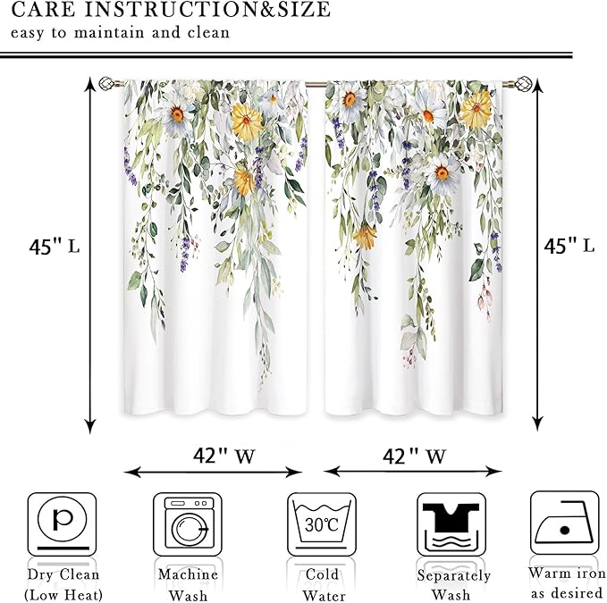 Green Daisy Sunflower Eucalyptus Botanical Leaves Floral Window Curtains Flower Plant Wildflower Farmhouse Curtain Drapes Herb Curtains for Bedroom Living Room Treatment 42Wx45H Inch