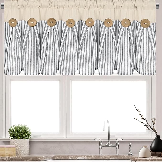 ASPMIZ Farmhouse Cotton Linen Valances for Windows, Boho Kitchen Curtains Valances with Rustic Button, Country Grey Striped Window Treatments Curtain Valance for Bathroom Cafe, 52 x 18 Inch, 1 Pannel